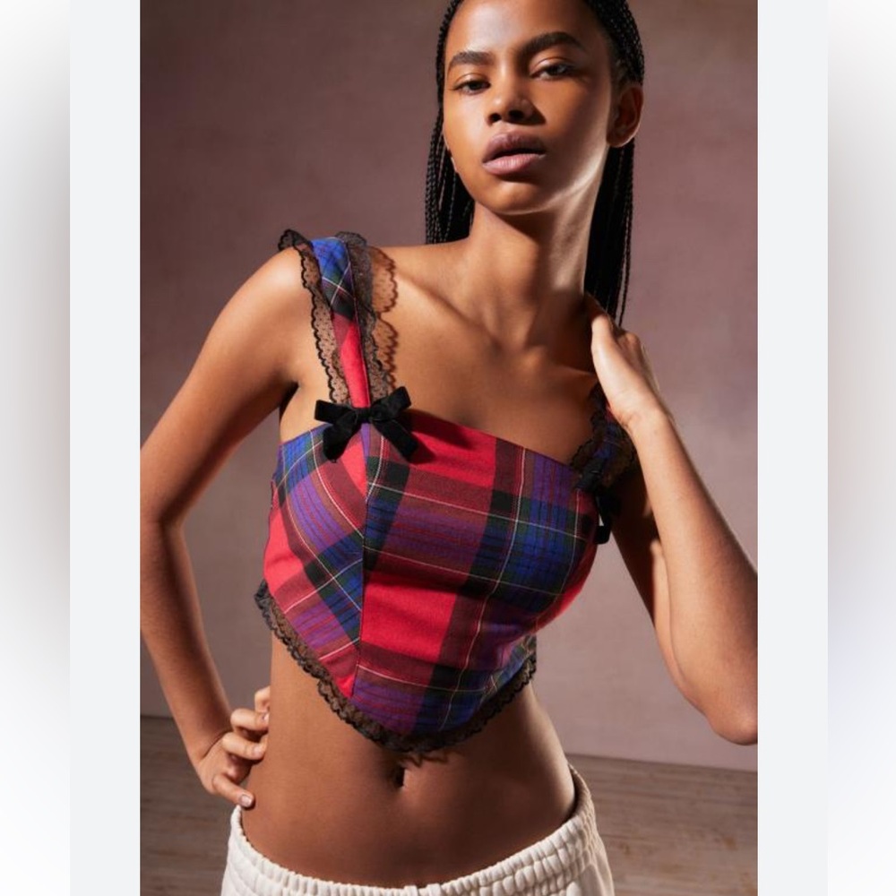 Kimchi Blue Urban Outfitters Perfectly Precious Plaid Bustier Corset Lace Top